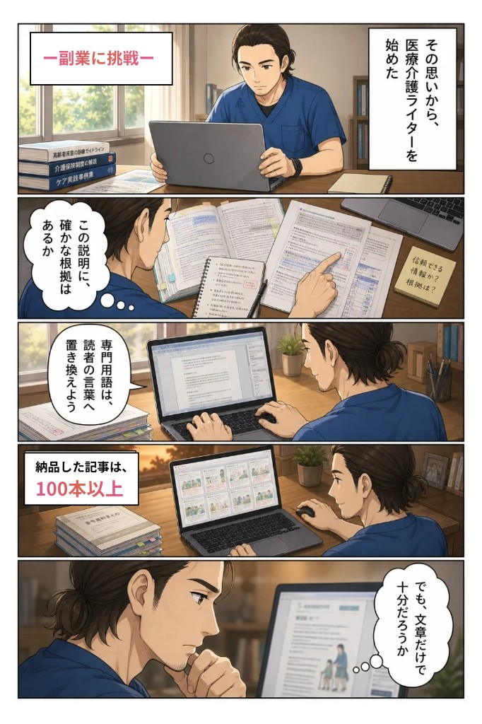 副業に挑戦し、医療介護ライターを始めた。確かな根拠を置き、専門用語は読者の言葉へ置き換える。納品した記事は100本以上。文章だけでは十分だろうかと考える場面