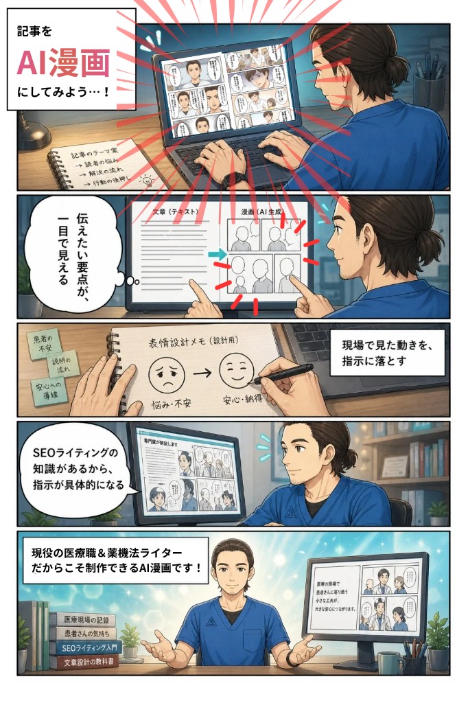 記事をAI漫画にしてみよう。伝えたい要点が一目で見えるよう、現場の動きを指示に落とし、SEOライティングの知識で具体的に指示する。現役の医療職＆薬機法ライターだからこそ制作できるAI漫画
