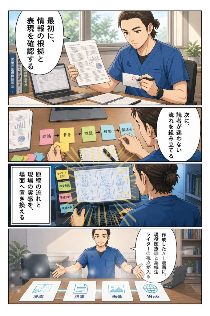 最初に情報の根拠と表現を確認し、次に読者が迷わない流れを組み立て、原稿の流れと現場の実感を場面へ置き換える。漫画・記事・画像・Webまで一気通貫で作成する