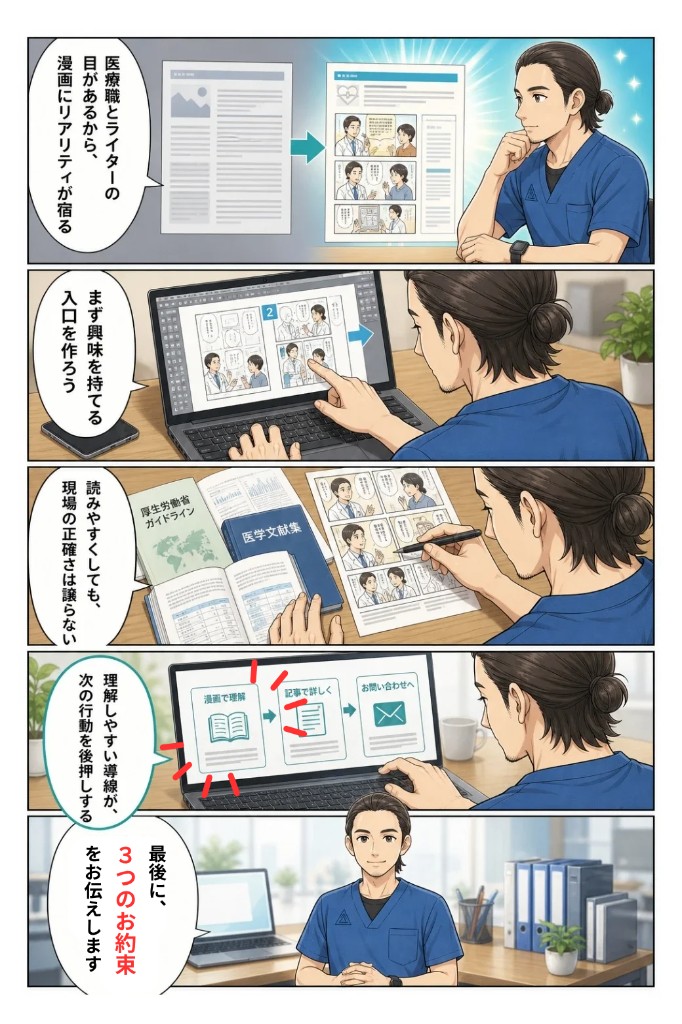 医療職とライターの目があるから漫画にリアリティが宿る。まず興味を持てる入口を作り、読みやすくしても現場の正確さは譲らない。理解しやすい導線が次の行動を後押しする。最後に3つのお約束をお伝えします